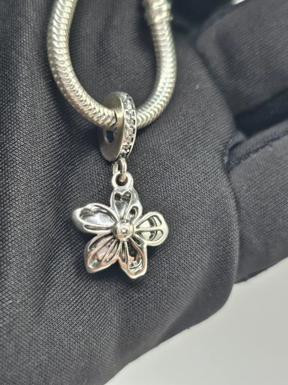 Sterling Silver 925 Rhodium Plated CZ Dangling Cherry Blossom Charm
